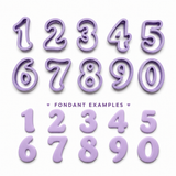 A set of lavender purple plastic number cookie cutters from Fondant Examples, shown in both outline and filled-in examples on a clean white background.