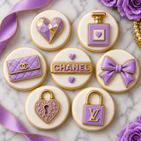 Perfume bottle silicone mold shown with decorated perfume bottle examples in pink, lavender and gold for cakes, cookies and special occasions.