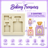 3-cavity perfume bottle silicone mold with large 2.75 x 1.75 inch, medium 1.75 x 1.18 inch and small 1.37 x 0.80 inch bottle cavities.