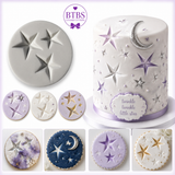3-cavity star silicone fondant mold featuring three dimensional star designs in assorted sizes for cake decorating.