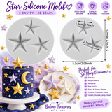 3-cavity star silicone mold measuring 5.3 cm or 2.08 inches with assorted dimensional stars measuring approximately 1.8 cm and 2.1 cm.