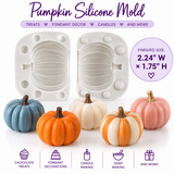Two-piece 3D pumpkin silicone mold with finished pumpkin examples in assorted colors and approximate 2.24 x 1.75 inch finished size.