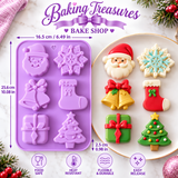 Six-cavity lavender Christmas silicone mold featuring Santa Claus, snowflake, bells, stocking, gift, and Christmas tree alongside colorful finished holiday decoration examples on a white background.