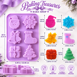 Baking Treasures Bake Shop lavender six-cavity Christmas silicone mold displayed with colorful Santa, snowflake, bells, stocking, present, and Christmas tree holiday creations.