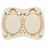 Elegant oval wedding frame silicone mold with ornate edible gold frame, wedding couple image, and personalized monogram cake decoration examples.