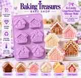 Baking Treasures Bake Shop six-cavity gingerbread house silicone mold in lavender, displayed with decorated Christmas house examples in chocolate brown, pink, and ivory for festive candy and fondant creations.