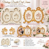 Vintage double oval resin frame mold shown with finished personalized photo frames, keepsakes and decorative resin projects