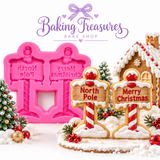 North Pole and Merry Christmas signposts with 