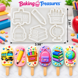 White school-themed silicone mold featuring school bus, pencil, crayon box, backpack, stacked books and globe cavities for fondant, chocolate and cake decorating.