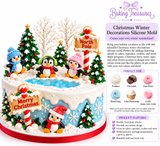 Two-cavity Christmas silicone mold featuring North Pole and Merry Christmas signposts with decorated examples on a winter wonderland penguin cake.