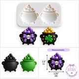 Bubbling cauldron silicone mold with black and green finished examples and cauldron measurements of approximately 1.25 inches wide by 1.5 inches long.