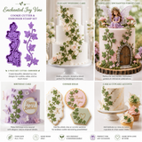 ivy vine fondant cutter and embosser stamp with detailed leaves and curling tendrils shown beside a green ivy cake decoration on a castle-style cake.