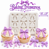 Baking Treasures Bake Shop nine-cavity ribbon bow silicone mold measuring approximately 5.12 by 5.12 inches and 0.39 inches thick, shown with lavender decorative bows.