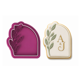 Arched Leaf Plaque Cookie Cutter & Stamp – Elegant Botanical Name Plaque Cutter – Minimalist Fondant Embosser Tool