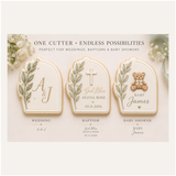 Arched Leaf Plaque Cookie Cutter & Stamp – Elegant Botanical Name Plaque Cutter – Minimalist Fondant Embosser Tool