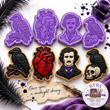 Edgar Allan Poe Gothic Cookie Cutter and Embosser Stamp Collection – Raven, Tell-Tale Heart, Poe Portrait Raven and Skull Set