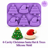 Baking Treasures Bake Shop purple 6-cavity Christmas silicone mold featuring three Christmas trees and three Santa hats, shown with decorated green Christmas tree and red Santa hat chocolate examples on a white background.