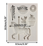 Carousel horse and sweet treat silicone mold showing finished fondant and confectionery decorations