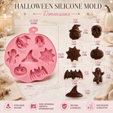 Halloween silicone treat mold featuring spooky pumpkin, skull, bat, ghost, witch hat and spider web designs