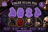 Edgar Allan Poe Gothic Cookie Cutter and Embosser Stamp Collection – Raven, Tell-Tale Heart, Poe Portrait Raven and Skull Set