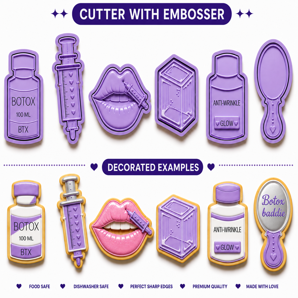 Bougie Botox Kit Cookie Cutter & Embosser Set – 6 Piece Fondant Stamp ...