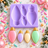 BTBS Christmas light bulb silicone mold featuring multiple holiday bulb-shaped cavities for making festive fondant, chocolate and candy decorations.