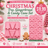 “Two-piece Christmas silicone mold set featuring Christmas tree, gingerbread man, and candy cane designs for chocolate, candy, cake pops, fondant, and holiday treats.”
