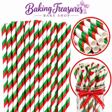 Christmas Red, Green & White Striped Paper Drinking Straws – 25 Count