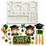 Graduation Celebration Silicone Mold – Graduate Boy & Girl, Class of 2027, Diploma, Cap & School Decorations