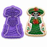 Día de los Muertos Catrina Lady with Floral Bouquet Cookie Cutter & Embosser Stamp Set – Two-Piece Set
