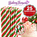 Christmas Red, Green & White Striped Paper Drinking Straws – 25 Count