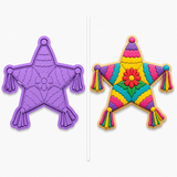 Royal Orchid Lavender star piñata cookie cutter and embosser shown beside a decorated sugar cookie featuring a colorful fiesta piñata with bright yellow, pink, turquoise, purple, green, and red icing on a white background.