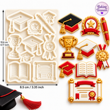 Graduation Celebration Silicone Mold – Cap, Diploma, Trophy, Medal & Book Designs