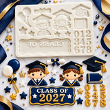 Graduation Celebration Silicone Mold – Graduate Boy & Girl, Class of 2027, Diploma, Cap & School Decorations