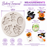 Haunted Halloween Crew five-cavity silicone mold measurement image showing the round mold and approximate sizes of the individual Halloween character designs.