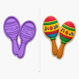 Mexican Maracas Cookie Cutter & Embosser Two-Piece Set featuring a pair of colorful traditional maracas decorated with musical notes and festive fiesta-inspired patterns.