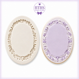 Ornate oval frame silicone mold shown with personalized plaques, monograms, edible photo frames and special occasion decorating ideas.