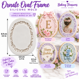 Ornate oval frame silicone mold measuring approximately 3.5 inches tall, 2.7 inches wide and 0.3 inches thick.