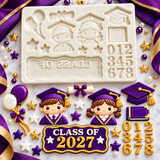 Graduation Celebration Silicone Mold – Graduate Boy & Girl, Class of 2027, Diploma, Cap & School Decorations