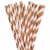 Rose Gold & White Striped Paper Straws – 24 Count | Metallic Disposable Drinking Straws for Parties