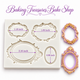 Royal Heirloom Ornate Frame Silicone Mold featuring four vintage frame designs with lavender and gold finished decorations on a white background.