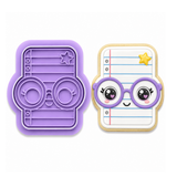 Kawaii Notebook Cookie Cutter and Stamp, Cute School Paper with Glasses Fondant Embosser