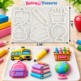 School Days silicone mold shown with colorful finished school bus, pencil, crayons, backpack, books and globe decorations for back-to-school cakes, cupcakes and desserts.
