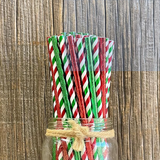 Peppermint Red, Green and White Striped Foil Paper  mixed with green and red solid Christmas Straws,
