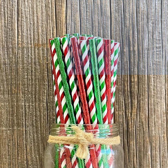Peppermint Red, Green and White Striped Foil Paper  mixed with green and red solid Christmas Straws,