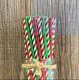 Peppermint Red, Green and White Striped Foil Paper  mixed with green and red solid Christmas Straws,