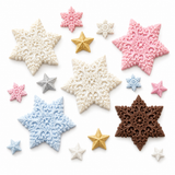 Assorted decorative snowflake and star molded pieces in winter colors displayed on a clean white background.