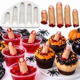 Halloween finger silicone mold with five detailed finger shapes for making spooky chocolate, Jell-O, gelatin, candy and fondant treats for Halloween parties and desserts.