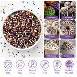 Spooky Nights Halloween Nonpareils Sprinkles featuring black, orange, purple, green, and white nonpareils for decorating cookies, cupcakes, cakes, cake pops, and festive Halloween desserts.