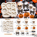 Halloween silicone mold featuring skulls, Jack O’ Lantern pumpkins, bows and bats with orange, black and ivory decorated examples for cakes, cupcakes and fondant.
